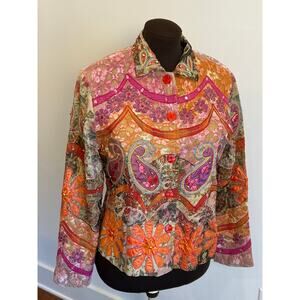 Anage Women's Mixed Print Jeweled Silk Blend Jacket Size S Artsy Eclectic Boho